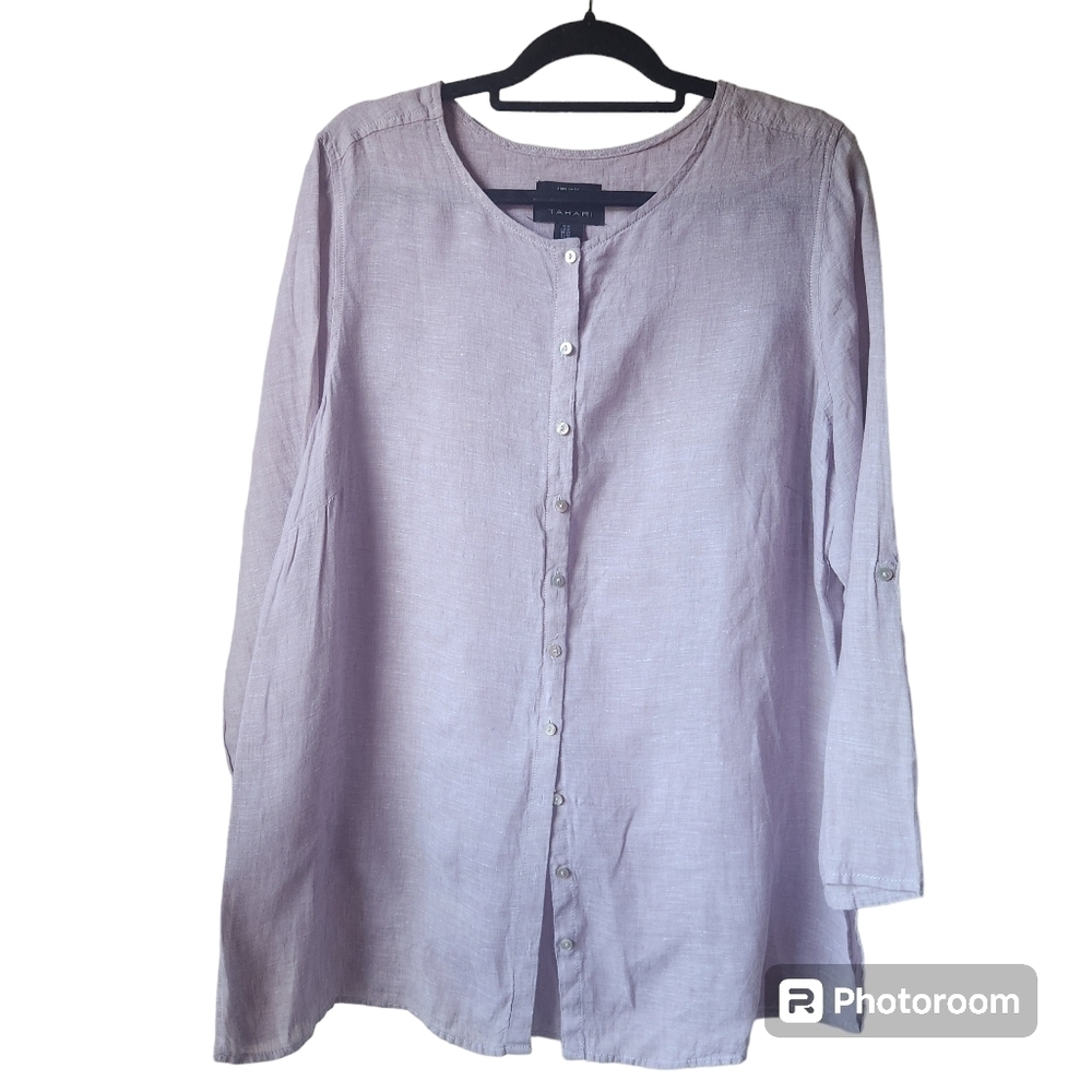 Tahari Womens Plus 1X Lavender 100% Linen Tunic Top Long Sleeve Lagenlook Shirt
